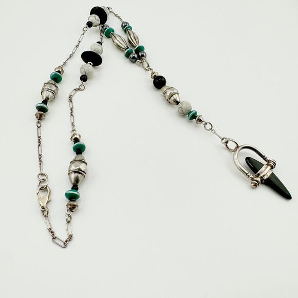 Turquoise Howlite Obsidian Silver Vintage Necklace Retro 80s Handmade Artisan - Picture 10 of 11